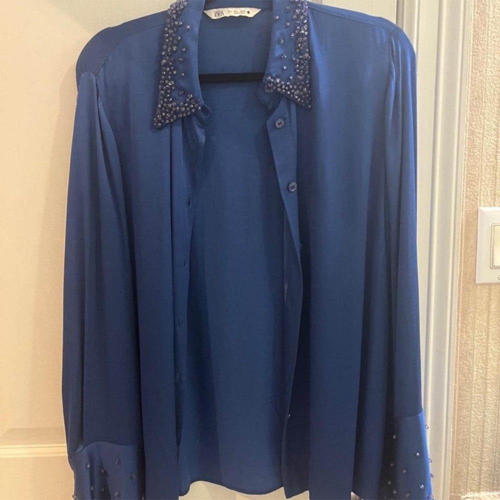 Embellished Blue Button-Up Blouse